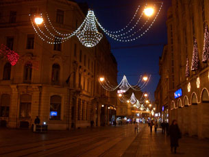 Zagreb city street lit up for Christmas